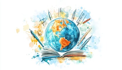 Poster - Colorful Watercolor Globe Illustration on Open Book