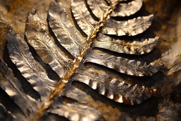 Poster - Close-up shot of a single leaf on a metallic surface, ideal for use in still life photography or product design