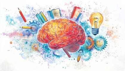Poster - Brain Illustration in Watercolor Style with Creative Elements