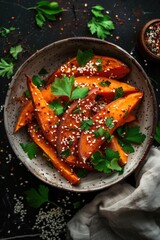 Poster - A warm bowl of cooked sweet potatoes topped with sesame seeds and fresh parsley