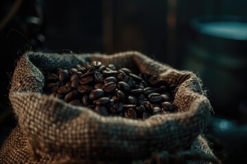 Poster - A sack of coffee beans placed on a table, perfect for coffee lovers and office settings