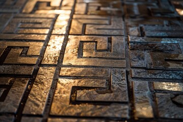 Poster - Close up of a metal floor with a light shining on it, suitable for use in industrial or technological settings