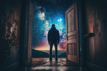 Aufkleber - A person standing in an open doorway, gazing up at the stars on a clear night