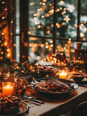 Aufkleber - A beautifully arranged Christmas table showcases festive dishes illuminated by flickering candles and adorned with lush garlands. Generative AI