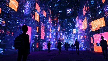 Poster - A virtual world of social networking technology, with user avatars, message streams, and online community icons interconnected in a futuristic, weblike design