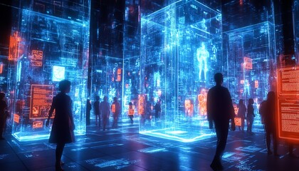 Poster - A virtual world of social networking technology, with user avatars, message streams, and online community icons interconnected in a futuristic, weblike design
