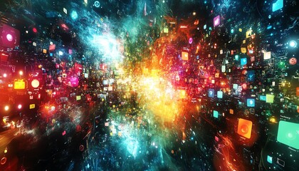 Poster - A virtual world of social networking technology, with user avatars, message streams, and online community icons interconnected in a futuristic, weblike design