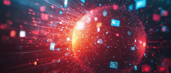 Poster - A visually striking illustration of social networking technologies represented over a red linked sphere