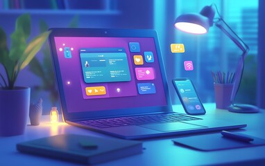 Poster - A visually striking image of a laptop and smartphone on a desk, both showing active social networking features, with playful icons and animations representing user interactions