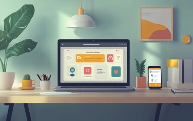 Poster - A visually striking image of a laptop and smartphone on a desk, both showing active social networking features, with playful icons and animations representing user interactions