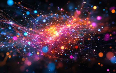 Poster - An abstract visualization of social networking technologies, showing interconnected digital nodes, virtual profiles, and online communities linked by bright, dynamic lines