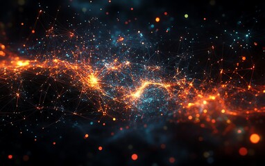 Poster - An abstract visualization of social networking technologies, showing interconnected digital nodes, virtual profiles, and online communities linked by bright, dynamic lines