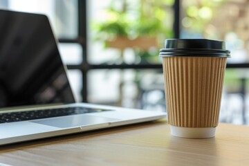 Poster - A coffee cup sits on top of a wooden table next to a laptop computer, perfect for a home office or workspace setup