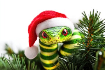 Poster - A toy snake wearing a Santa hat sits atop a decorated Christmas tree