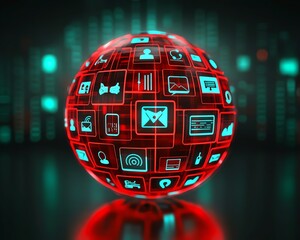 Poster - An artistic representation of social networking technologies visualized over a red linked sphere, filled with interactive icons and graphics symbolizing online relationships