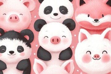 Poster - Group of pandas and other animals on a bright pink background