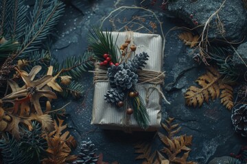 Poster - A present wrapped in brown paper with pine cones and berries, perfect for a rustic or nature-inspired theme