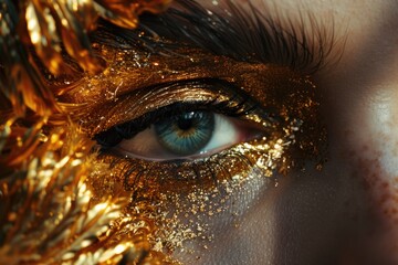 Poster - A detailed shot of an eye with gold paint applied to the eyelid, perfect for beauty or art-related concepts