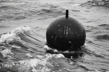 Poster - A black and white photo of a buoy floating on calm water, great for use as a symbol or icon