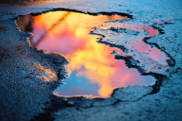 Poster - A small pool of water sits on the edge of a road, with surrounding asphalt and possibly some grass or vegetation
