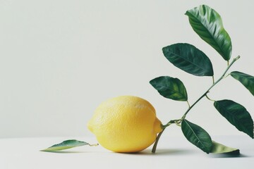 Poster - A lemon sits next to a leaf on a table, ideal for still life photography or food related themes