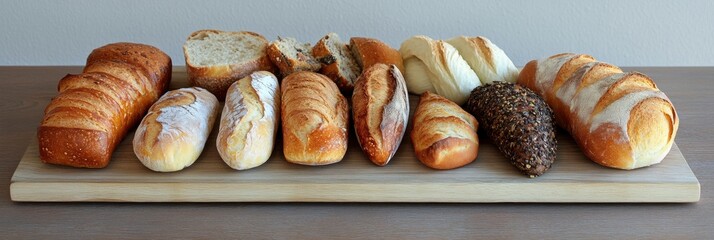 Poster - A variety of artisan breads and pastries are beautifully displayed on a rustic wooden board, perfect for a delightful breakfast or brunch. Generative AI