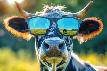 Poster - A close-up shot of a cow wearing sunglasses, looking cool and relaxed