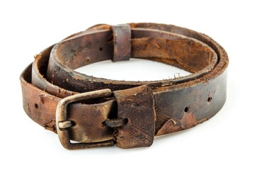 Poster - A close-up shot of a brown leather belt lying on a white surface