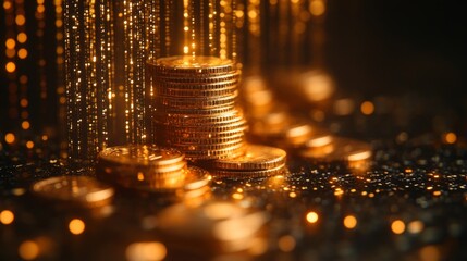 Poster - Golden coins are arranged in stacks amidst a backdrop of sparkling particles, creating an enchanting, luxurious scene in low light.