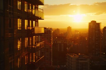 Poster - A photo of a city with tall buildings during sunset