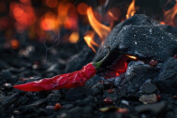 Poster - A hot chili pepper sits atop a pile of black coal, perfect for use in a still life or industrial-themed composition