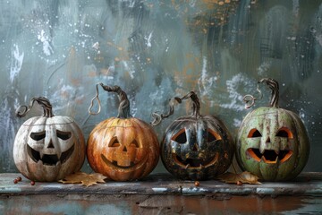Poster - A row of carved pumpkins sitting on a table, perfect for fall and Halloween decorations