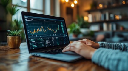 Aufkleber - A person analyzes financial data on a laptop in a warm, inviting room, surrounded by plants and soft lighting, capturing an afternoon vibe.