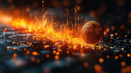 Aufkleber - A bright bitcoin coin is featured against a dark digital background filled with fluctuating market data, symbolizing the energy of cryptocurrency trading.