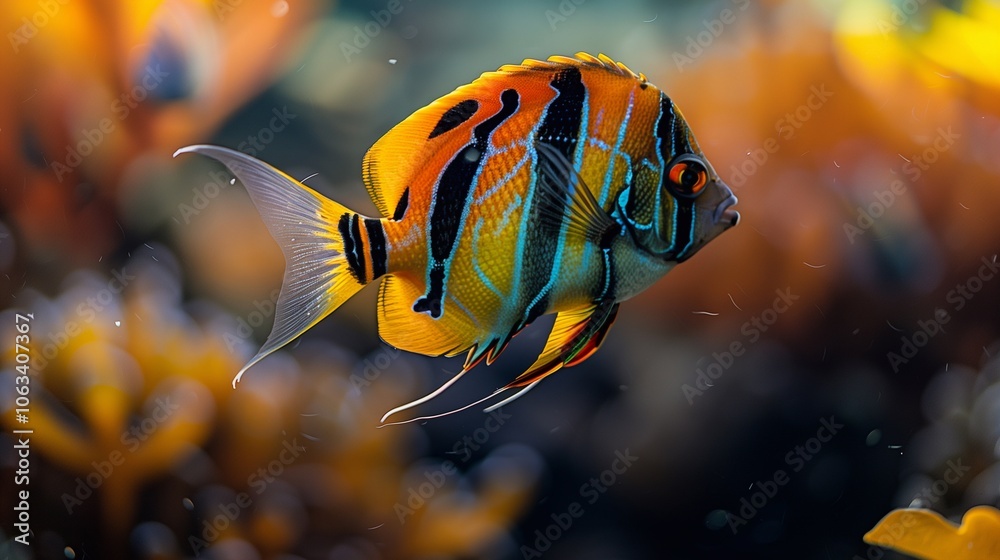 Brightly colored angel fish navigates through lush coral reefs while ...