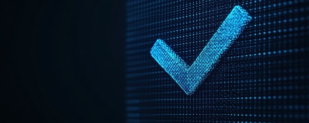 Poster - A glowing blue checkmark on a digital background, symbolizing approval or validation in a tech-savvy environment.