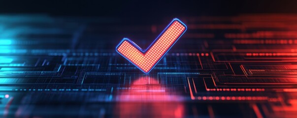 Poster - A vibrant digital graphic of a glowing checkmark set against a circuit-like background, symbolizing validation and approval in technology.