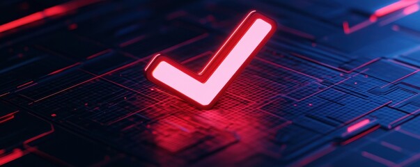 Poster - A glowing red checkmark against a dark, digital background, symbolizing approval or verification in a tech-inspired design.