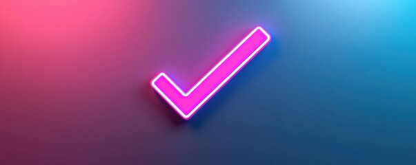 Poster - A vibrant, glowing checkmark in neon pink against a gradient blue and pink background, symbolizing approval or confirmation.