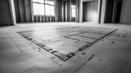 Poster - Close-up of a residential blueprint with room labels, dimensions, and marked walls, beams, and other structural elements, with space for notes.