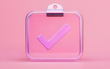 Poster - A clear, pink checklist icon with a check mark symbolizes completion and success on a soft, pastel background.