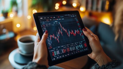 Aufkleber - A person examines stock market charts on a tablet, sitting comfortably in a cozy living room. A cup of coffee sits nearby, creating a relaxed atmosphere.