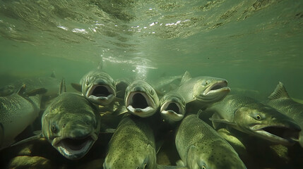 Wall Mural - Salmon School Underwater, fish, river, stream, lake, fresh water