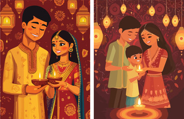 Happy Diwali Indian family celebrating Diwali festival Couple and family holding Diya oil lamp Diwali greeting card design Diwali wishes Hindu festival of lights Diwali celebration India culture