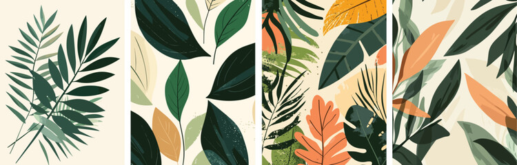 Tropical leaves botanical abstract art print set Minimalist plant nature contemporary design Exotic palm leaf jungle foliage collage Modern trendy home decor Green orange color wall art fashion prints