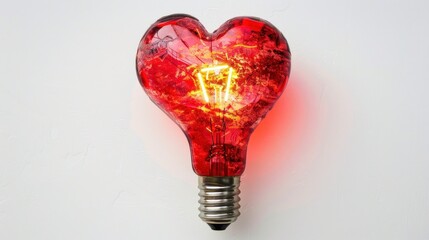 A glowing red heart-shaped light bulb against a white background