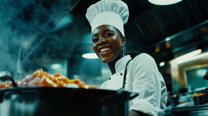 An African American female chef joyfully prepares delicious food in a vibrant restaurant kitchen, showcasing her culinary skills, passion for cooking while creating an inviting atmosphere for diners