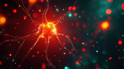 A vibrant digital visualization of a neural network, showcasing interconnected neurons with bright red and teal colors against a dark background.