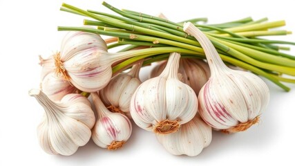 Wall Mural - Fresh garlic bulbs with vibrant green stems isolated on a clean white background, produce, seasoning