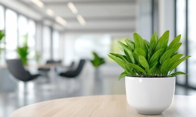 Wall Mural - A potted plant on a wooden table in a modern office environment.